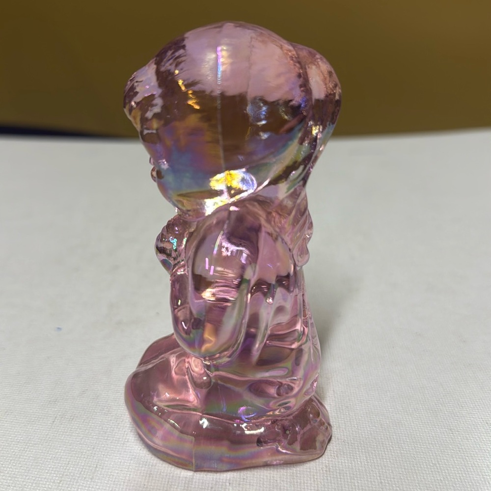 Fenton Praying Girl iridescent pink Glass 4.25” tall